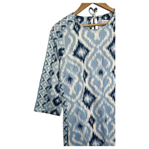 Gretchen Scott Dress Womens Small Blue White Ikat 3/4 Sleeve Shift Pockets - Picture 9 of 15